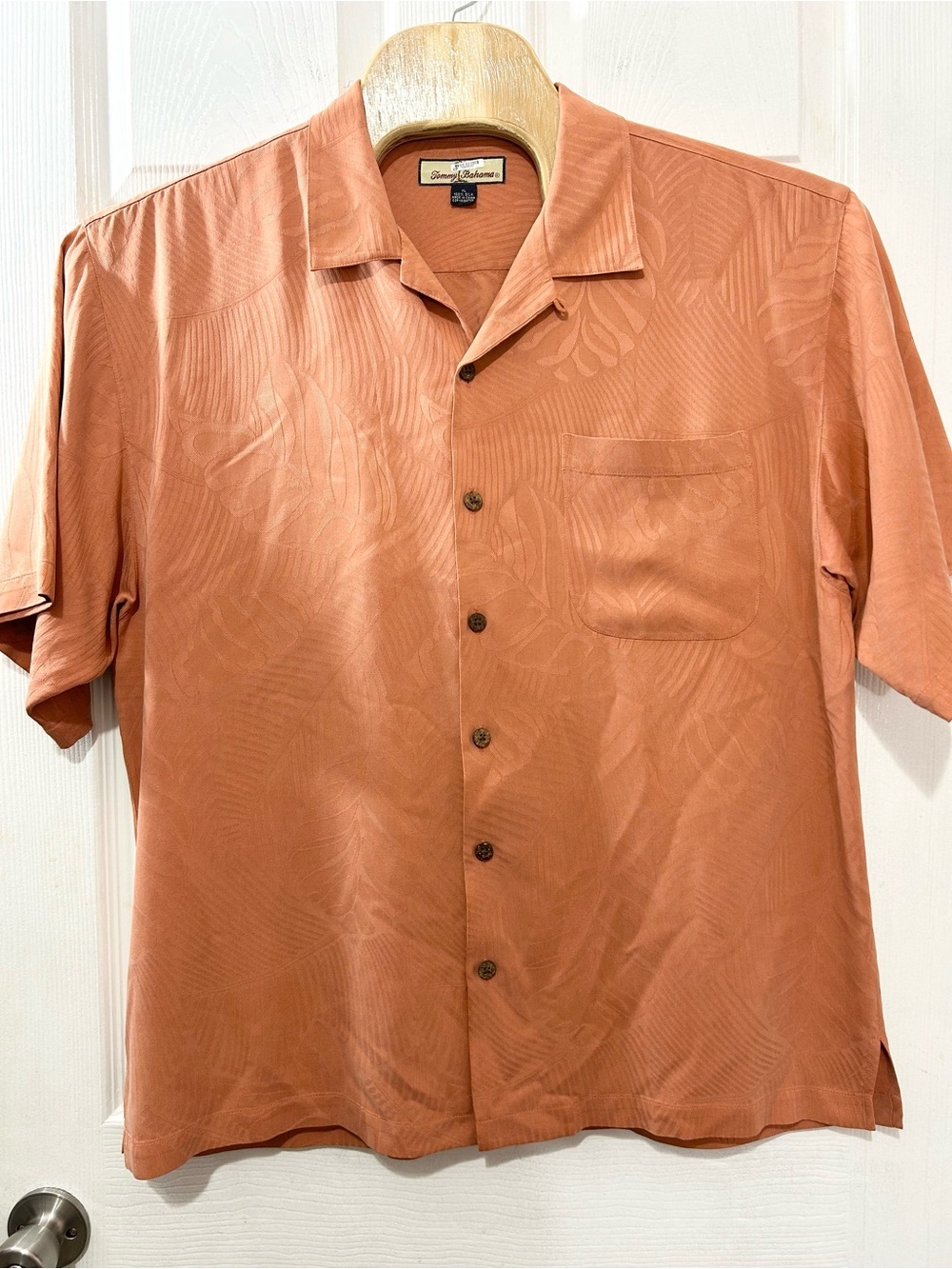 Tommy Bahama 100% Silk Camp Shirt Tropical Jacquard Terracotta Coral Mens XL